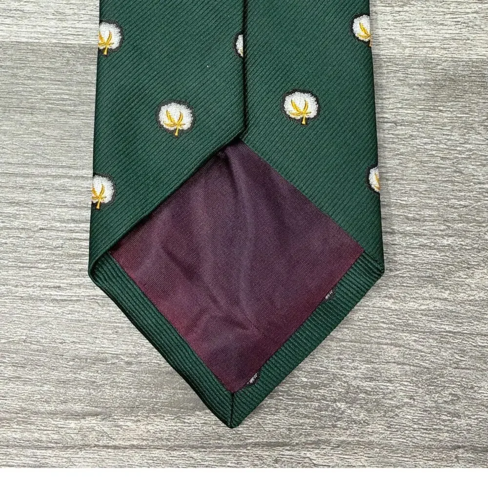 Cotton Boll 2 Tie Lot 100% Silk Made USA Navy Green Cotton Motif 3.75